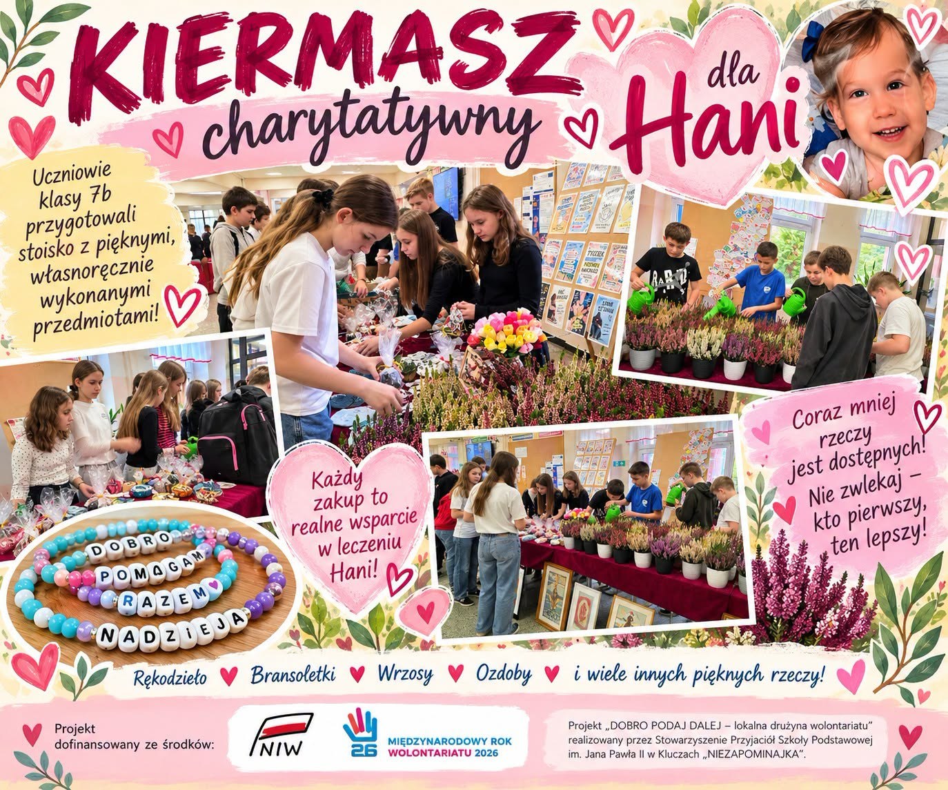 Plakat kiermaszu charytatywnego dla Hani w Szkole Podstawowej w Kluczach